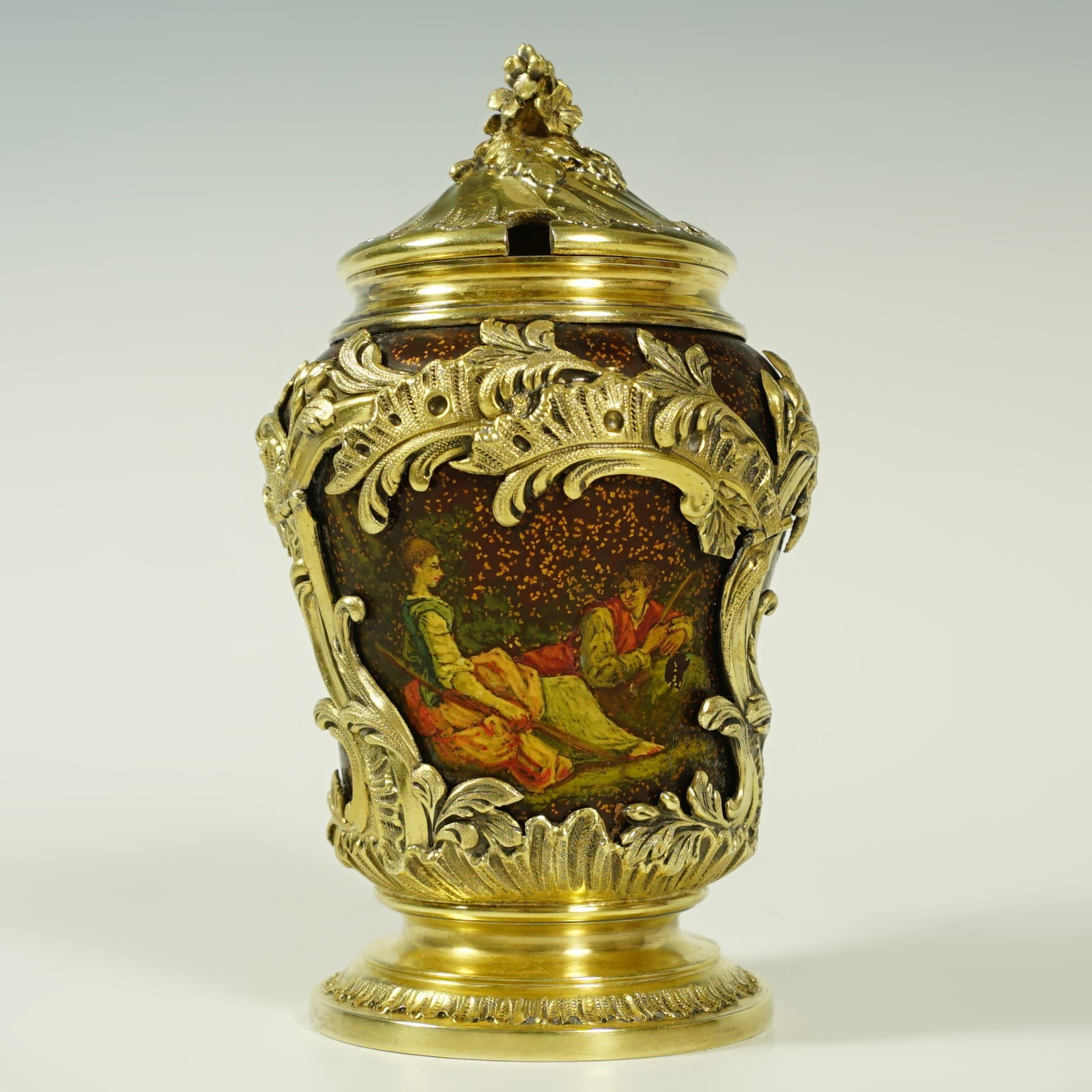 Antique French Sterling Silver Mustard Pot, Enamel on Copper, Gilt Vermeil Antique French Sterling Silver Mustard Pot, Enamel on Copper, Gilt Vermeil