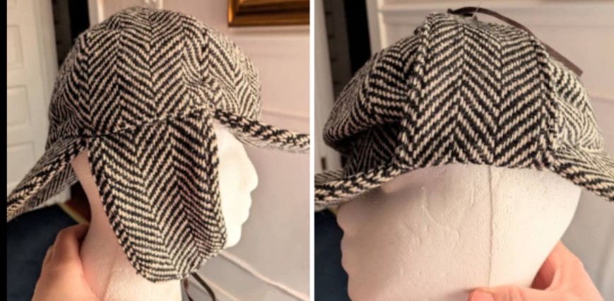 CLEO Ireland Wool Black/Ivory Sherlock Holmes Deer Stalker Ear Flap Hat LRG Vtg
