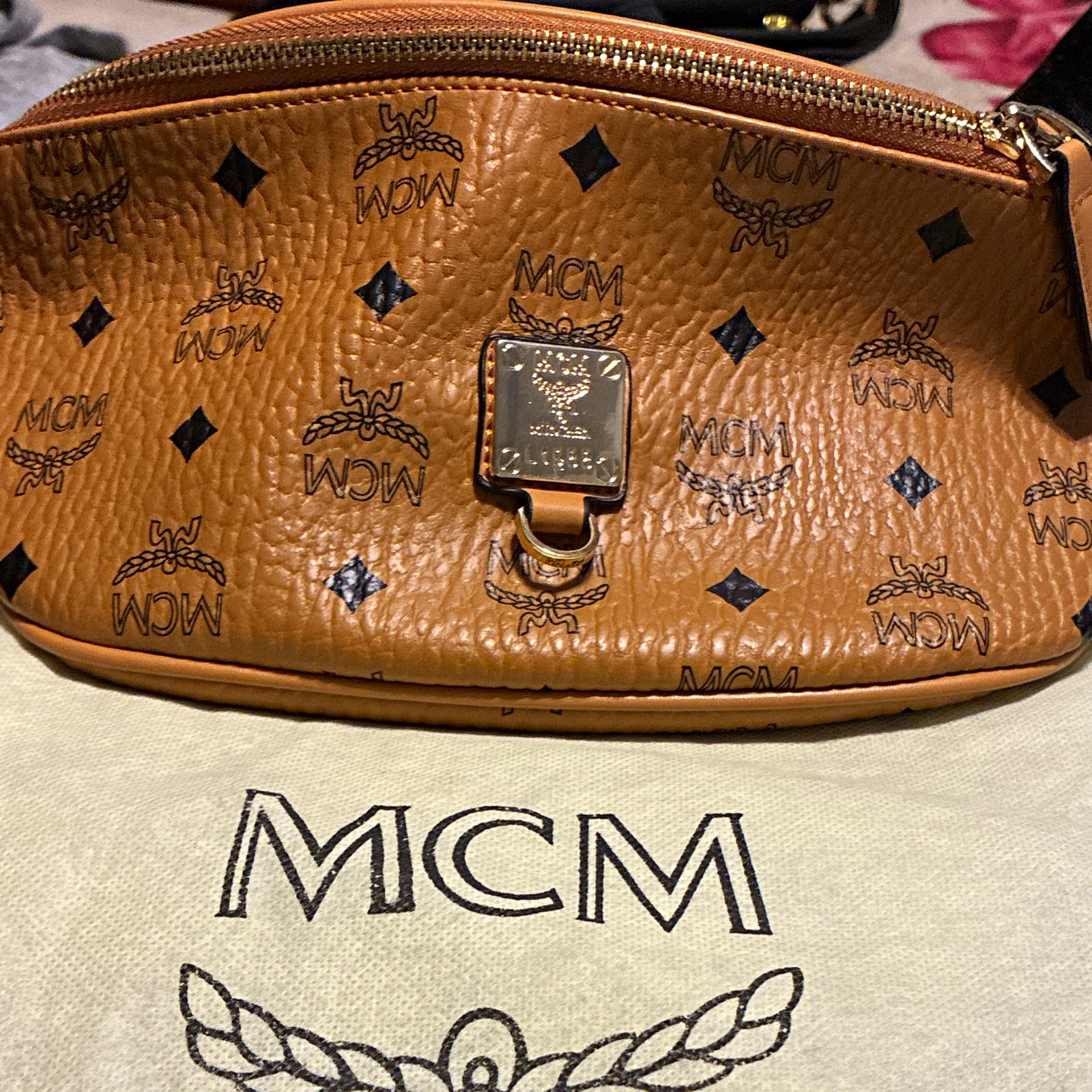 MCM Brown Logo Pebbled Belt Bag Zip Closure Black Strap Gold Hardware Dust Bag