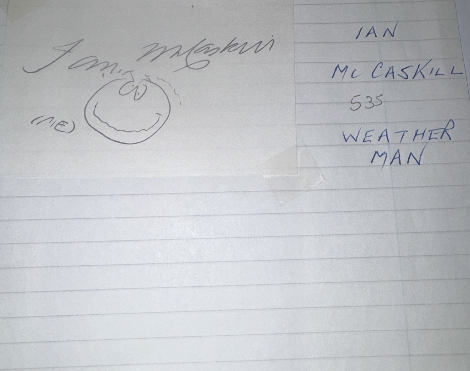Ian McCaskill BBC Weather Presenter Autograph + Self Portrait Doodle 1987 Storm