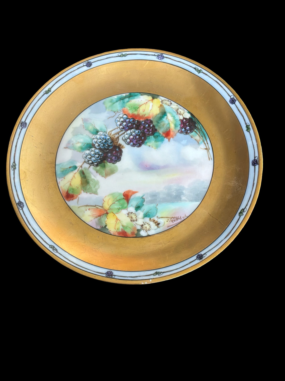 HUTSCHENREUTHER Bavaria Plate — Artist-Signed Blackberries — Full Gilt Border
