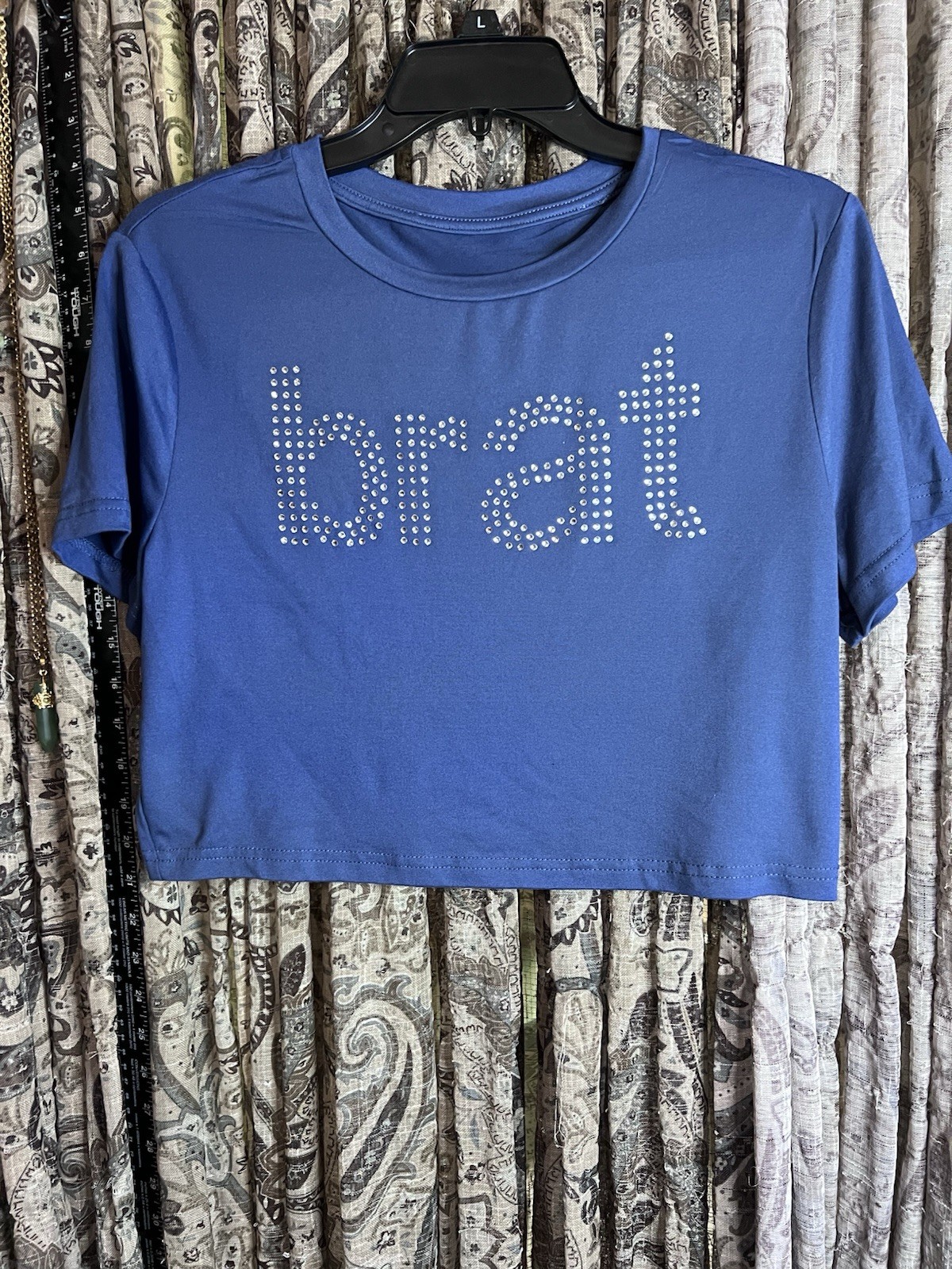 SheIn Blue Knit Rhinestone Brat Cropped T-Shirt Short Sleeve Pullover XL SheIn Blue Knit Rhinestone Brat Cropped T-Shirt Short Sleeve Pullover XL
