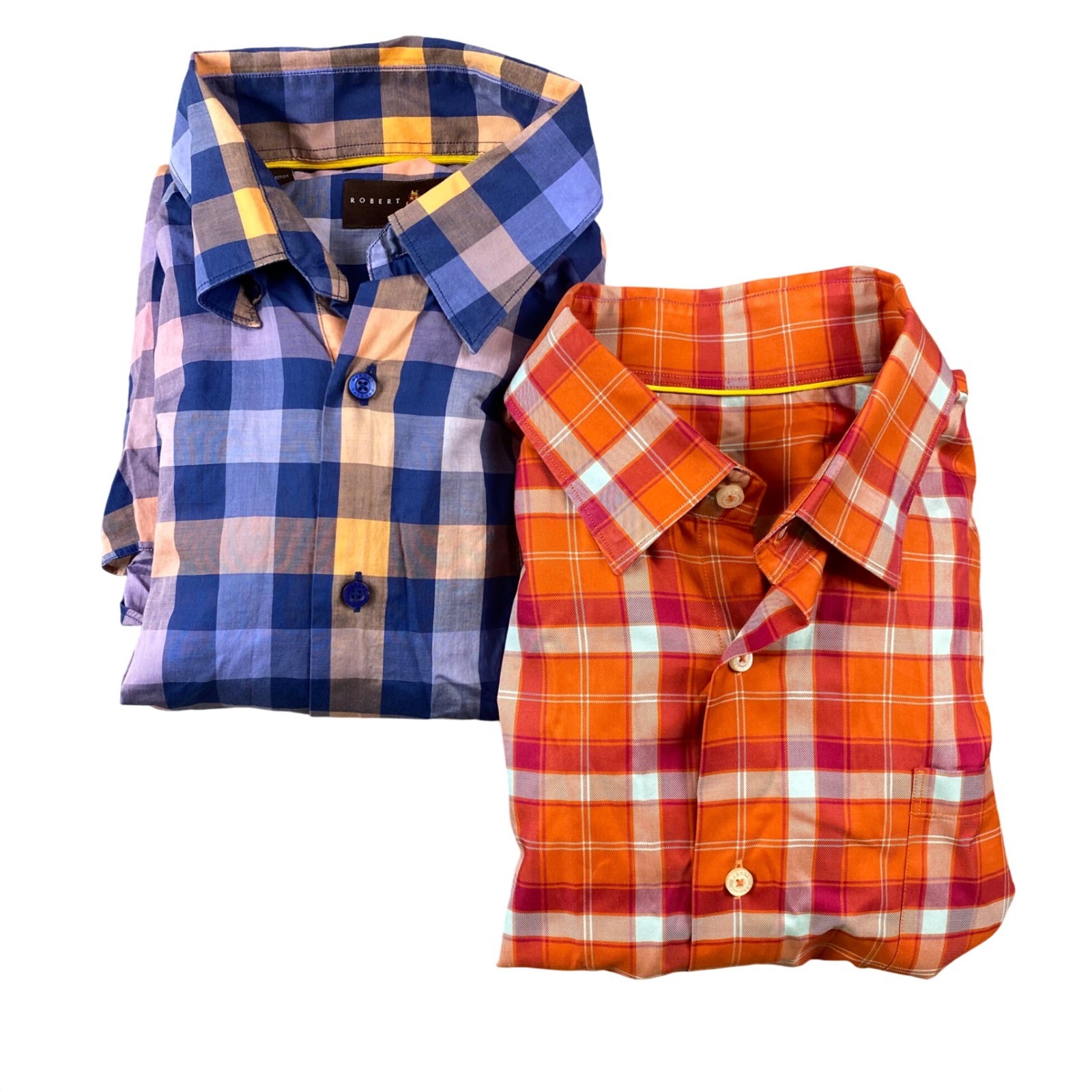 Robert Talbott Mens Large Plaid Shirt Lot of 2 Blue Orange 100 Cotton Classic