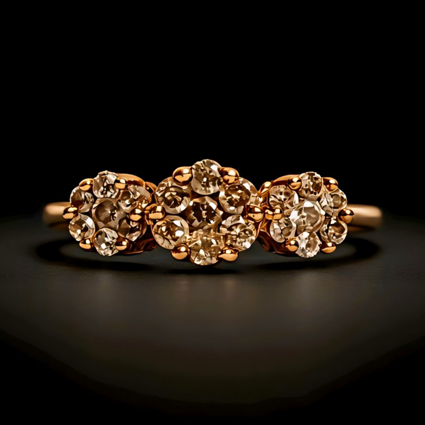 10K Natural Diamond Triple Cluster Ring KPJ Vintage Estate Yellow Gold Size 6.5