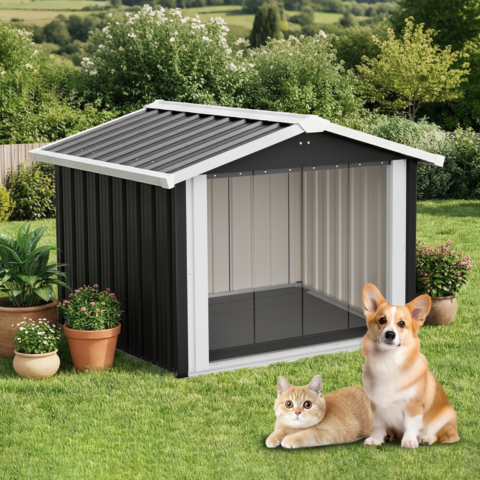 Large Metal Dog House Outdoor Indoor Pet Dog Shelter w/ PVC Door for Large Dogs