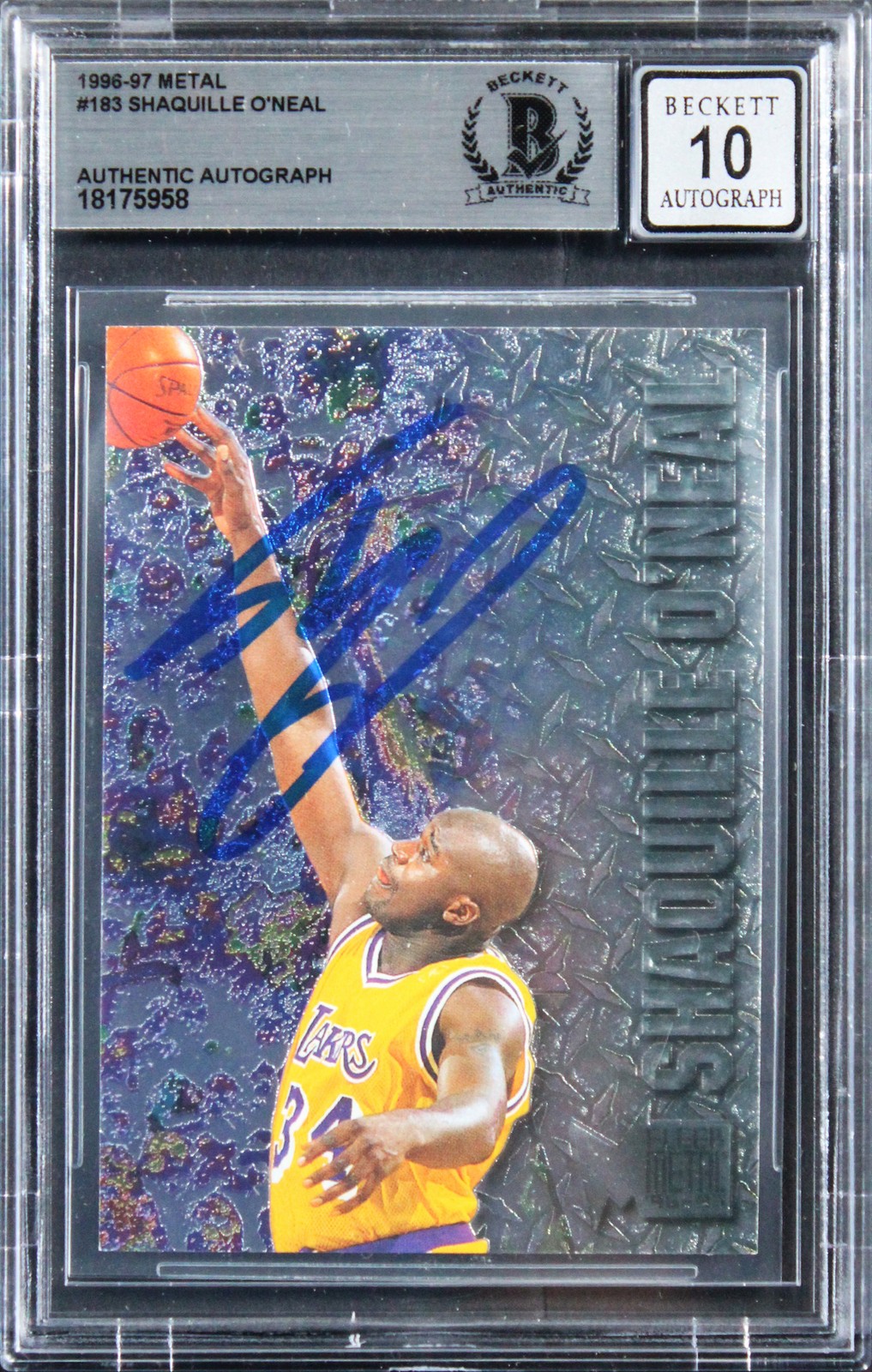 Lakers Shaquille O'Neal Signed 1996 Metal #183 Card Auto Graded 10 BAS Slabbed