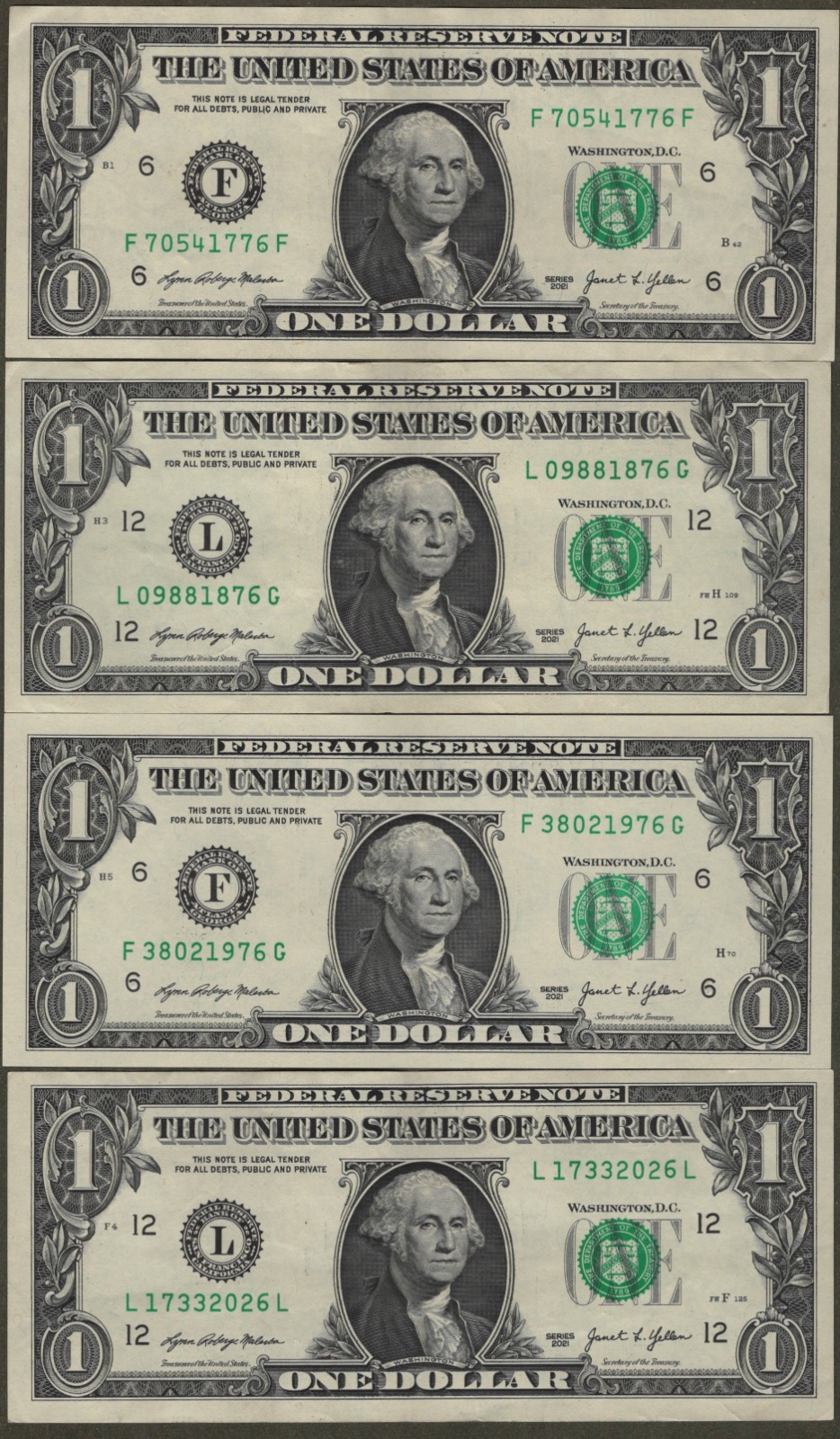 #1295-America\'s Birthday-Four $1 Bills-1776 1876 1976 2026-/XF/UNC Bicentennial 