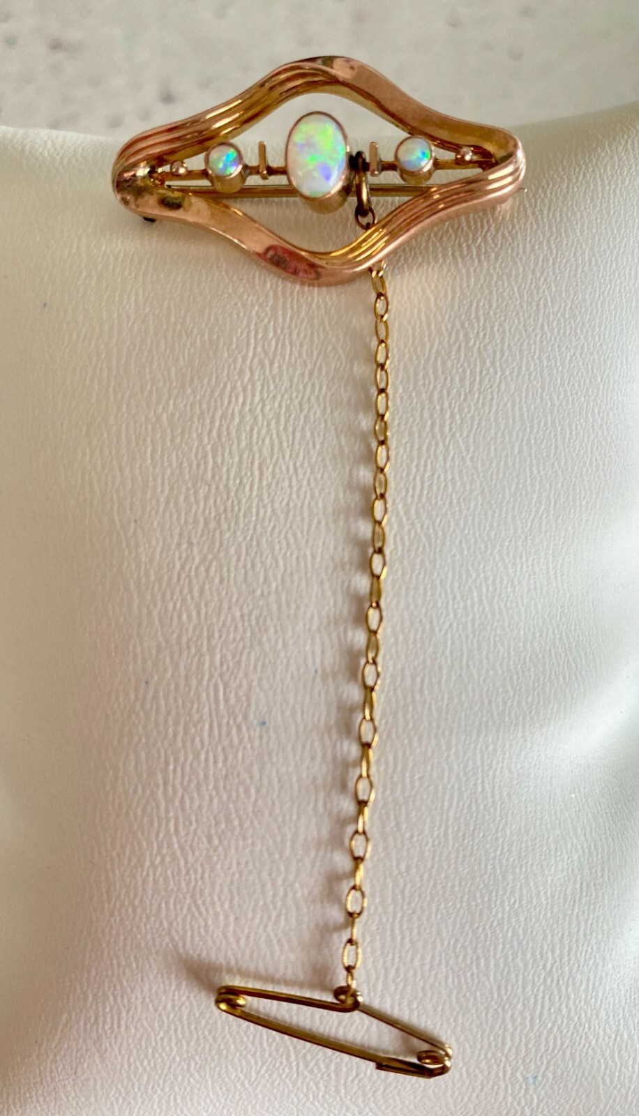 Antique Art Nouveau Murrle Bennett & Co 9k Gold Opal Brooch with Safety Chain Antique Art Nouveau Murrle Bennett & Co 9k Gold Opal Brooch with Safety Chain