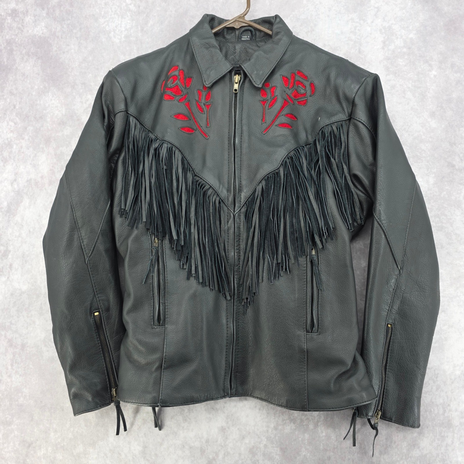 VTG UNIK International Women Leather Fringe Motorcycle Jacket Rose Inlay Medium VTG UNIK International Women Leather Fringe Motorcycle Jacket Rose Inlay Medium