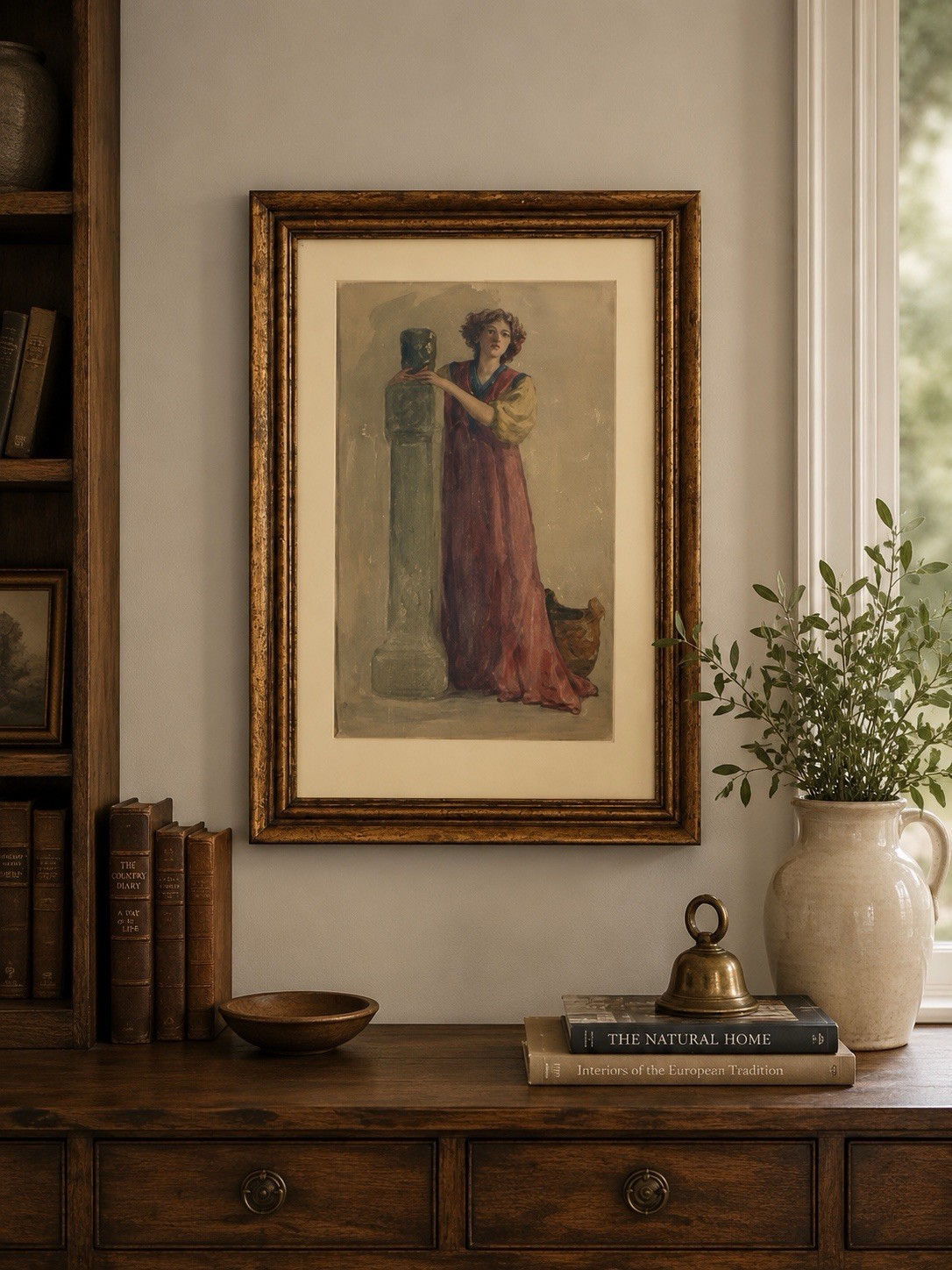 Antique Watercolor Classical Woman Art Nouveau Style Figure Signed Framed