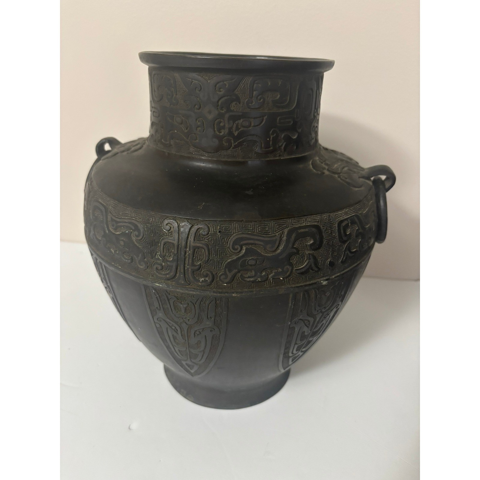 Vintage Chinese Bronze Vase Taotie Archaic Relief Ring Handles Dark Patina 12in
