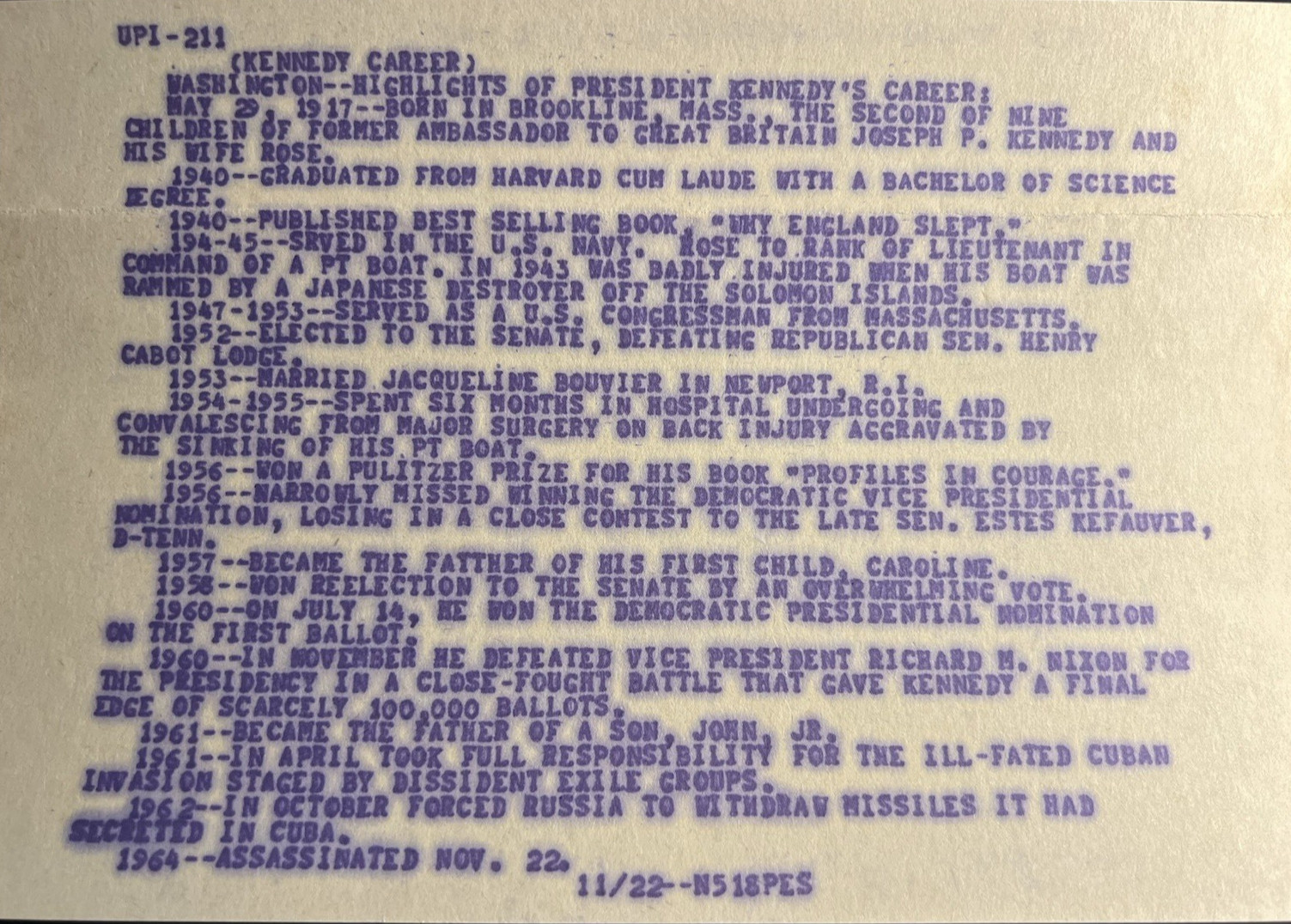 JFK ASSASSINATION VERY RARE ORIG 11/22/63 UPI TELETYPE WITH BIZARRE 