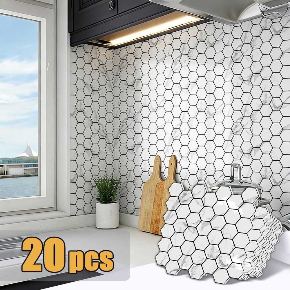 20/40PCS Self-Adhesive Hexagon Wall Tiles Sticker for Kitchen Living Room