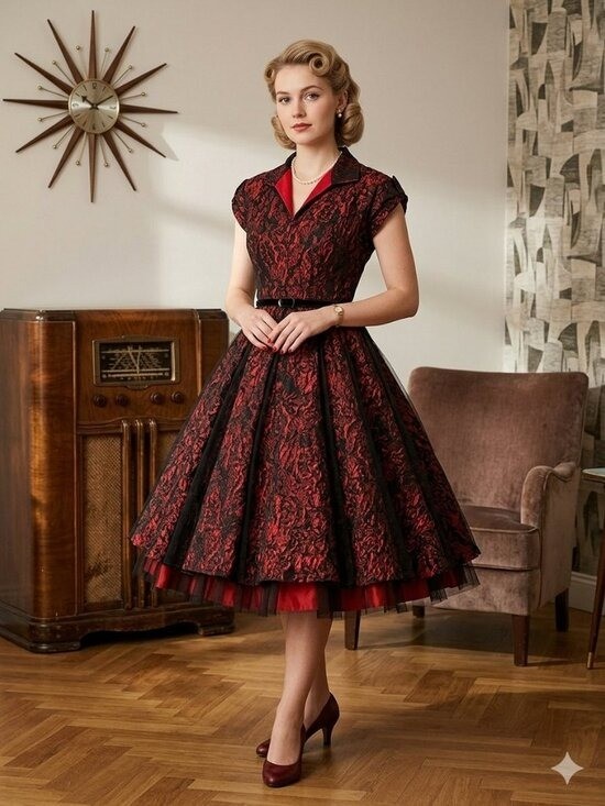 Vintage Jane Engel New York Red Black Lace Dress 2 4 1930\'s 1940\'s