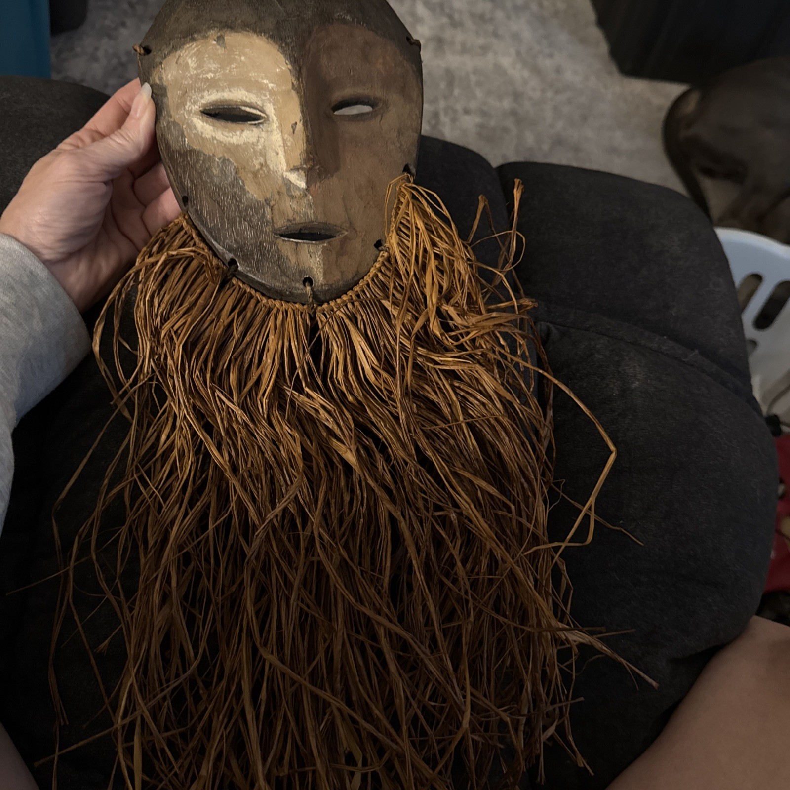 Lega wood carved Bwami Society Mask with Raffia beard Congo Lega wood carved Bwami Society Mask with Raffia beard Congo