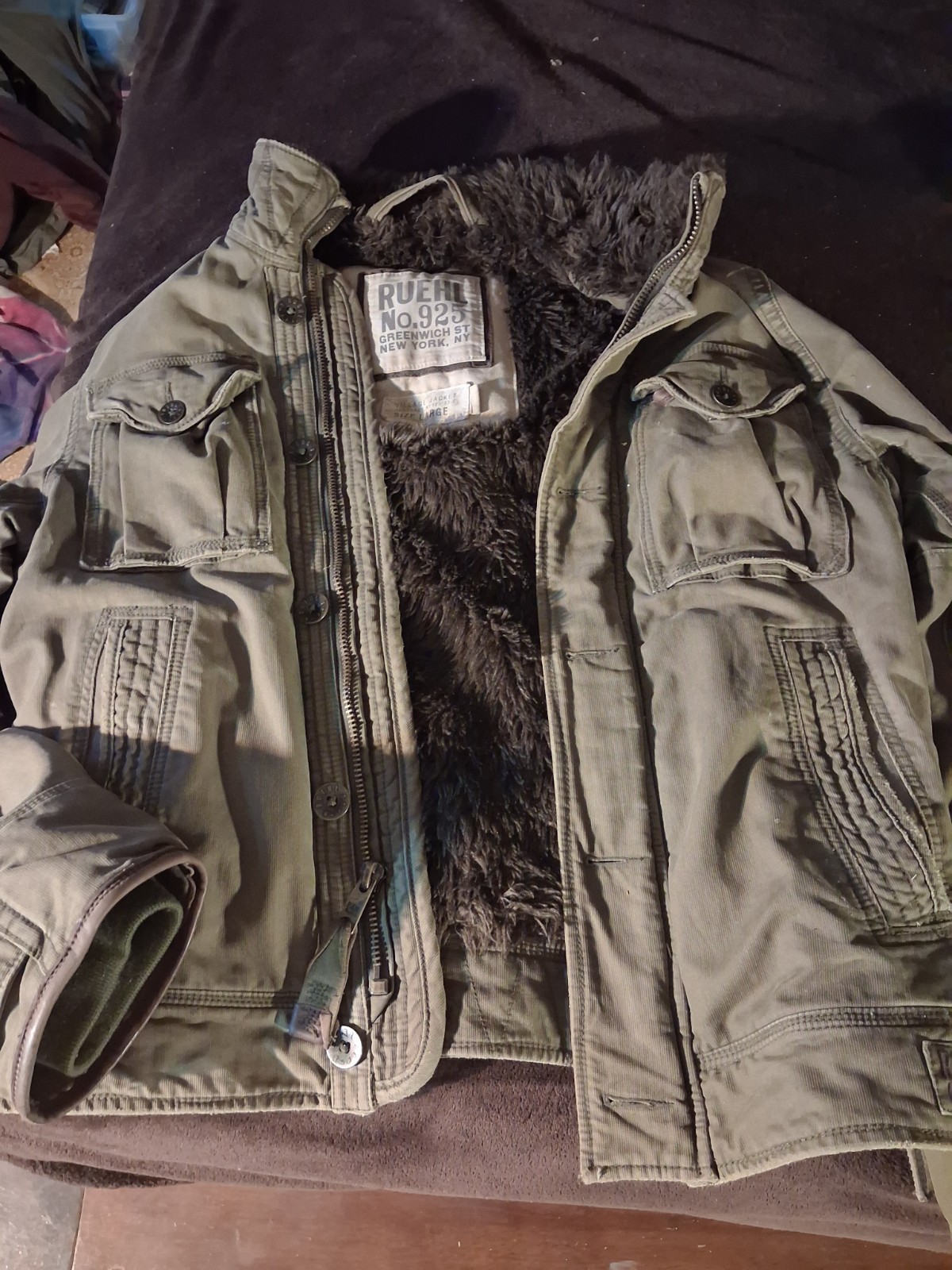 RARE Y2K Ruehl Village Military Jacket Men\'s Sherpa Lined Size Large Green Olive