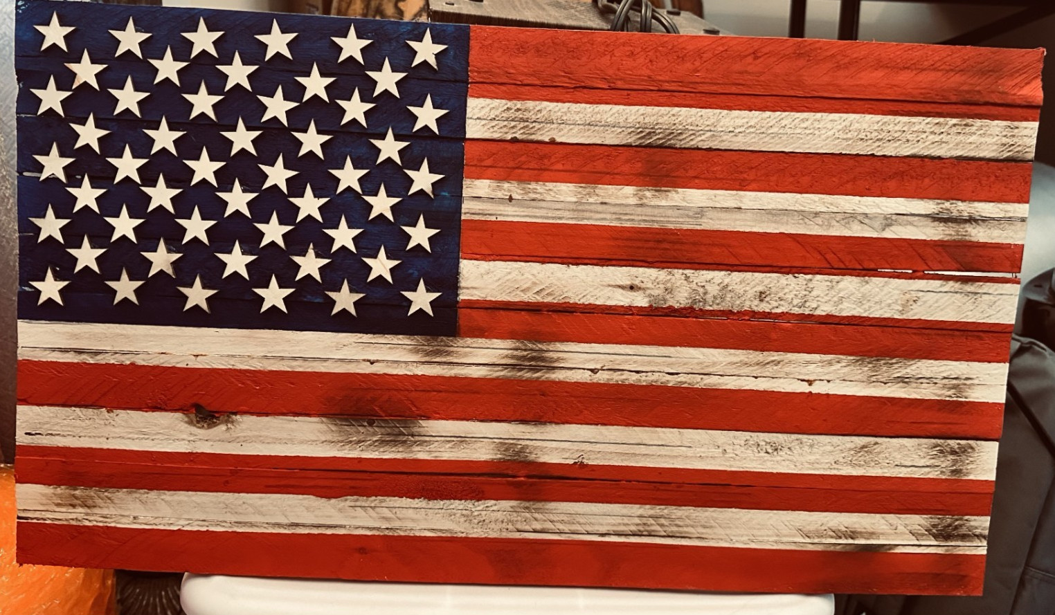 Handmade Wooden American Flag - stressed burnt wood 13