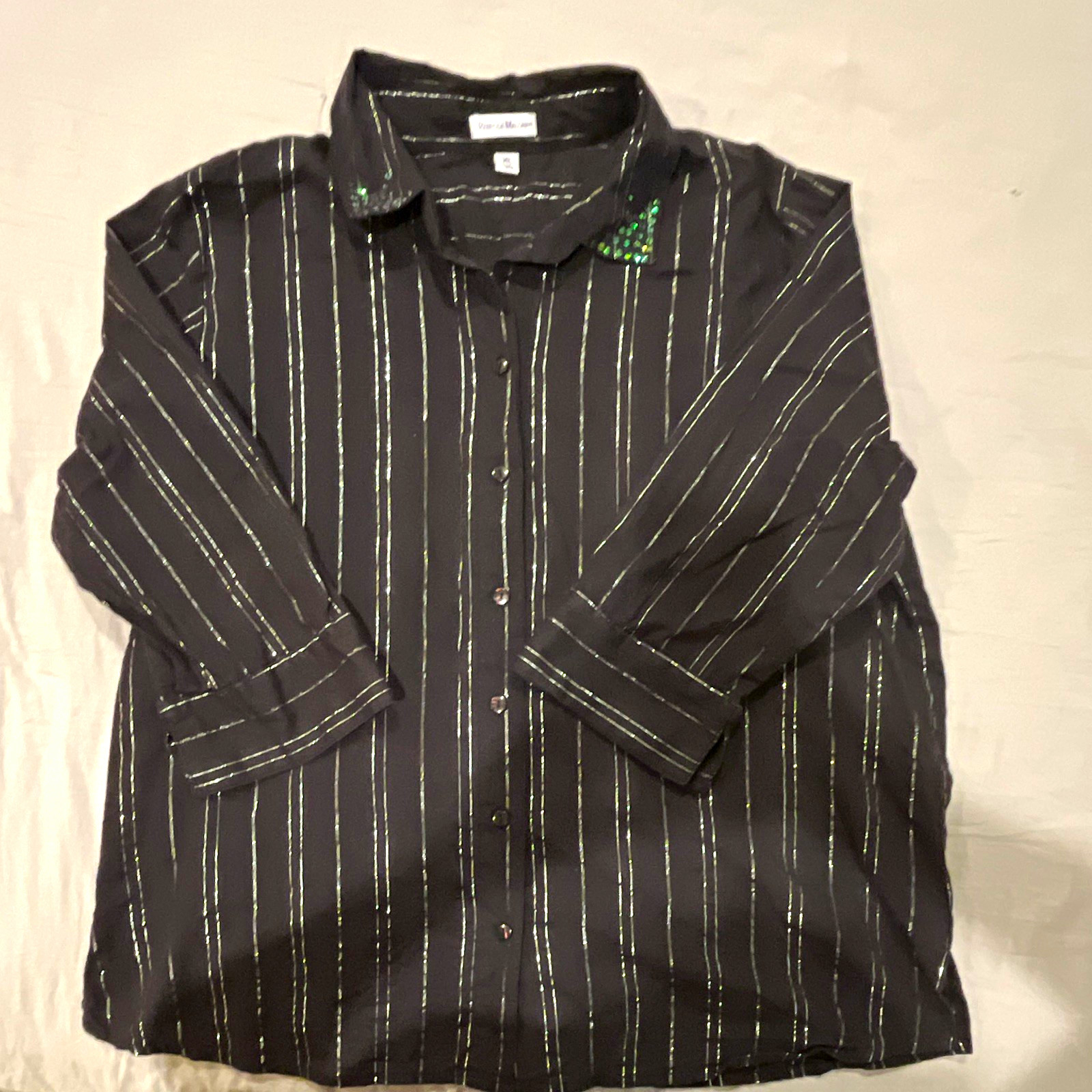 Rebecca Malone Black Silver Striped Sequin Button-Up Collared Blouse XL Rebecca Malone Black Silver Striped Sequin Button-Up Collared Blouse XL