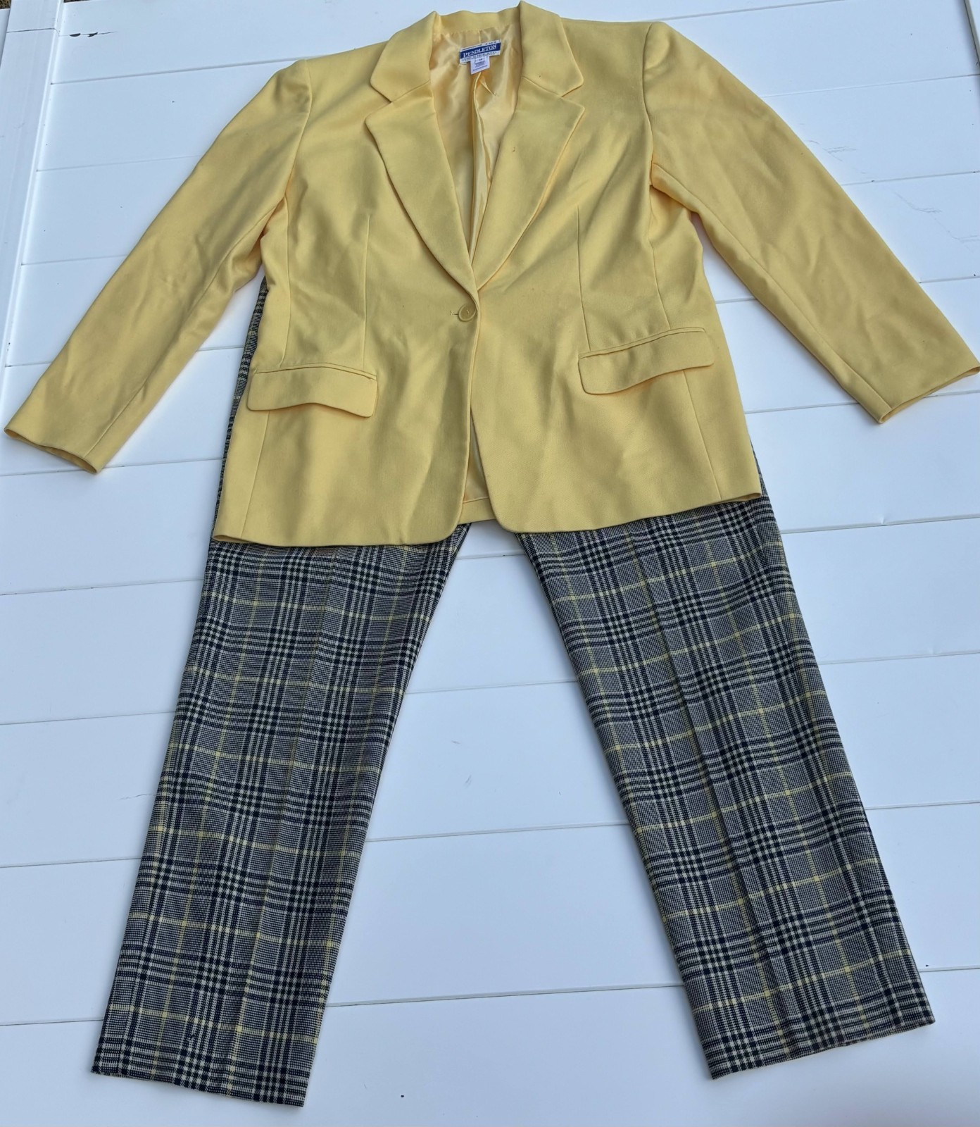 Vintage Pendleton 100% Virgin Wool Yellow Blazer Plaid Pants Set Sz 12/10