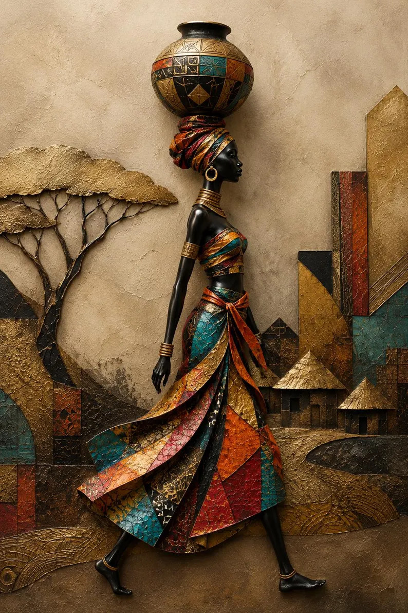 Hand Painted African Woman Portrait Black Gold Colorful Canvas Wall Art