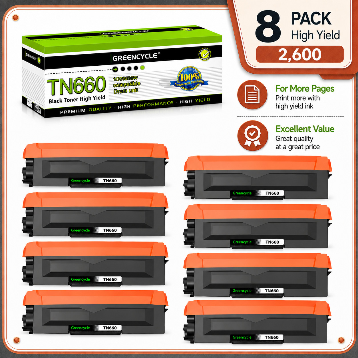 GREENCYCLE 8PK TN660 Toner Fits For Brother MFC-L2700DW MFC-L2720DW HL-L2360DW
