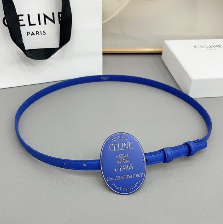 Women\'s Celin*e 1.3cm/0.51in Blue Leather Belt Blue retro oval badge buckle Women\'s Celin*e 1.3cm/0.51in Blue Leather Belt Blue retro oval badge buckle