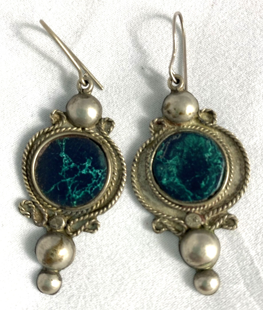 Beautiful vintage InlayEilat stone drop pierced earrings sliver tone finish 1.5 Beautiful vintage InlayEilat stone drop pierced earrings sliver tone finish 1.5