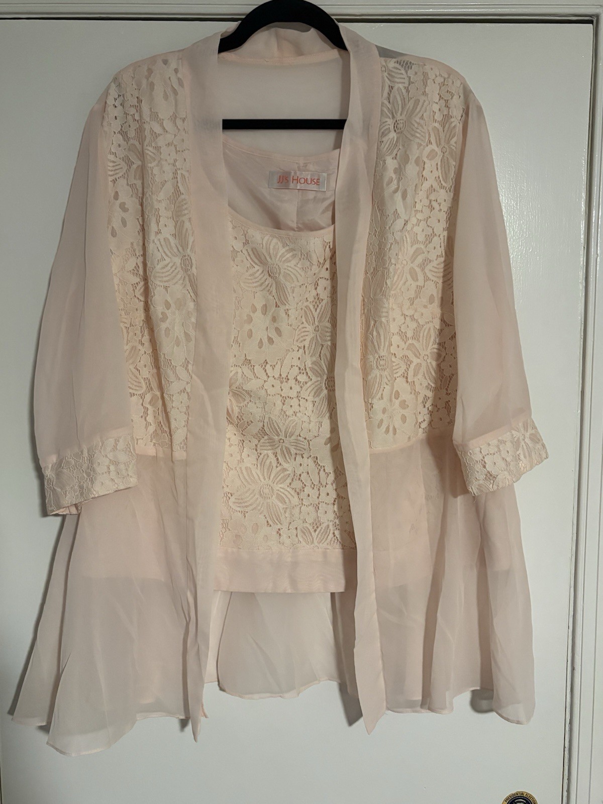 JJ’s House Blush Pink Lace Chiffon 2 Piece Top Duster Jacket Wedding Formal