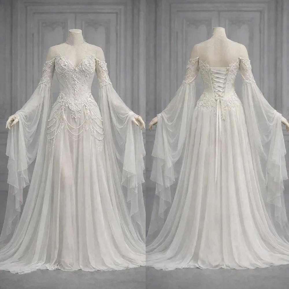 Celtic Chiffon Wedding Dress Cold Shoulder Flared Bell Sleeve Beaded Bridal Gown Celtic Chiffon Wedding Dress Cold Shoulder Flared Bell Sleeve Beaded Bridal Gown