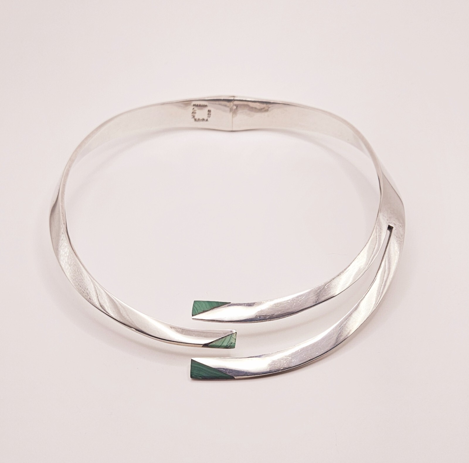 JQM sterling silver native Mexico hinged collar modernist malachite necklace JQM sterling silver native Mexico hinged collar modernist malachite necklace
