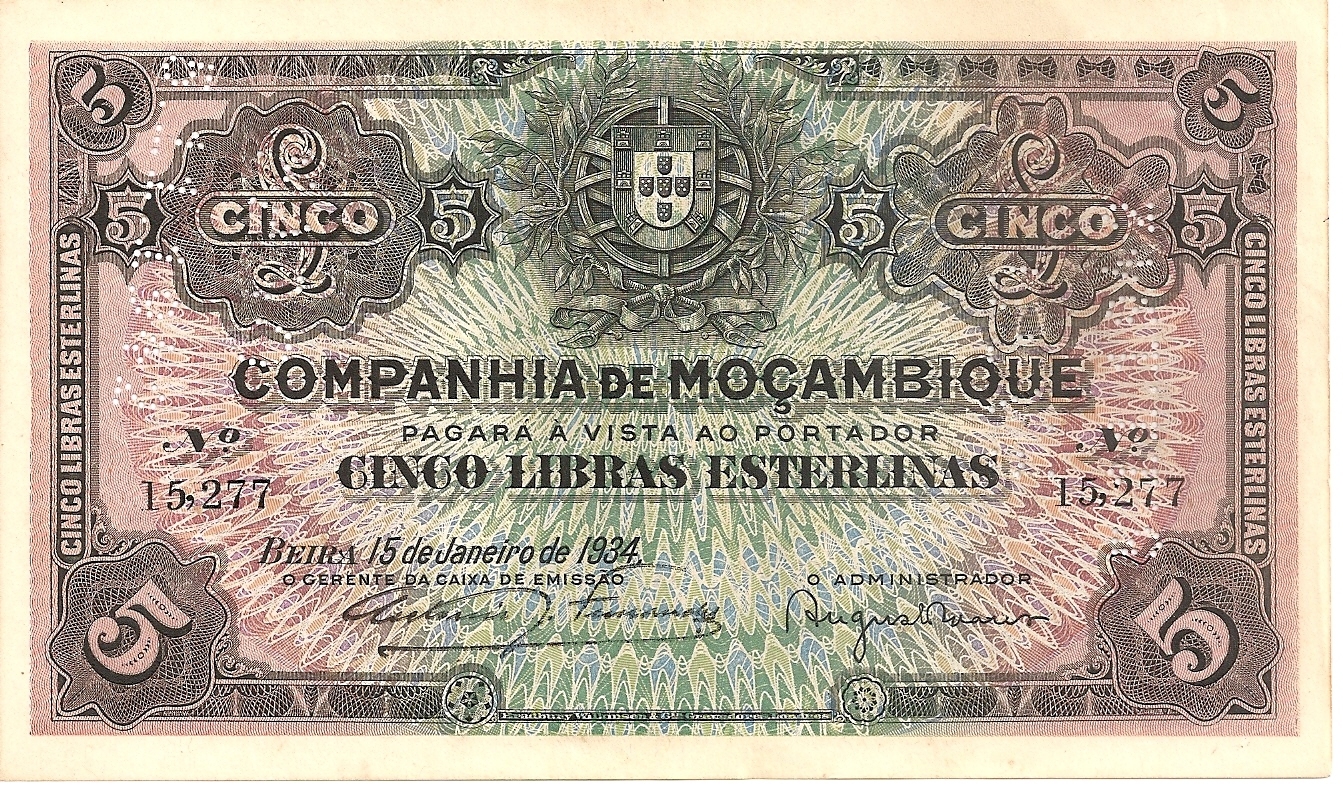 MOZAMBIQUE PORTUGAL 5 POUNDS 1934  R32. VF CONDITION. 4RW 09DES