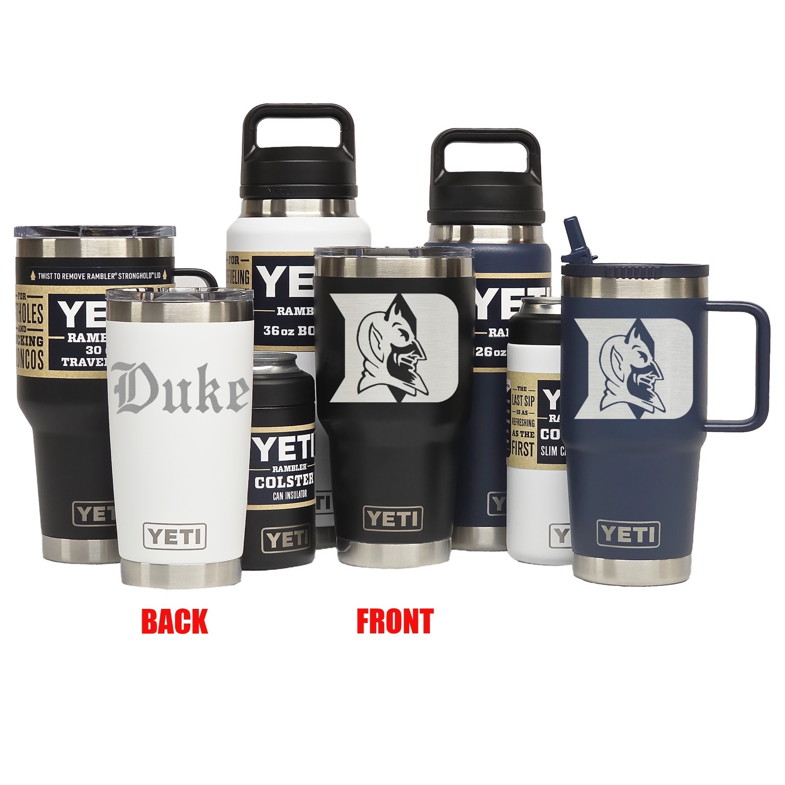 DUKE BLUE DEVILS YETI Laser Engraved Tumblers, Mugs, Can Colsters and Bottles