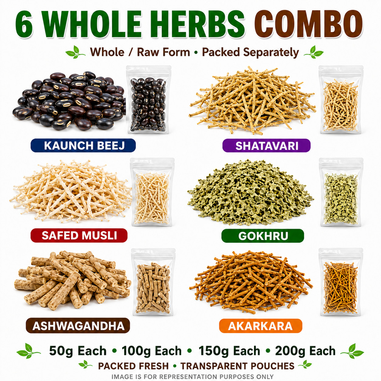 Safed Musli Kaunch Beej Ashwagandha Shatavari Gokhru Akarkara Whole Herbs