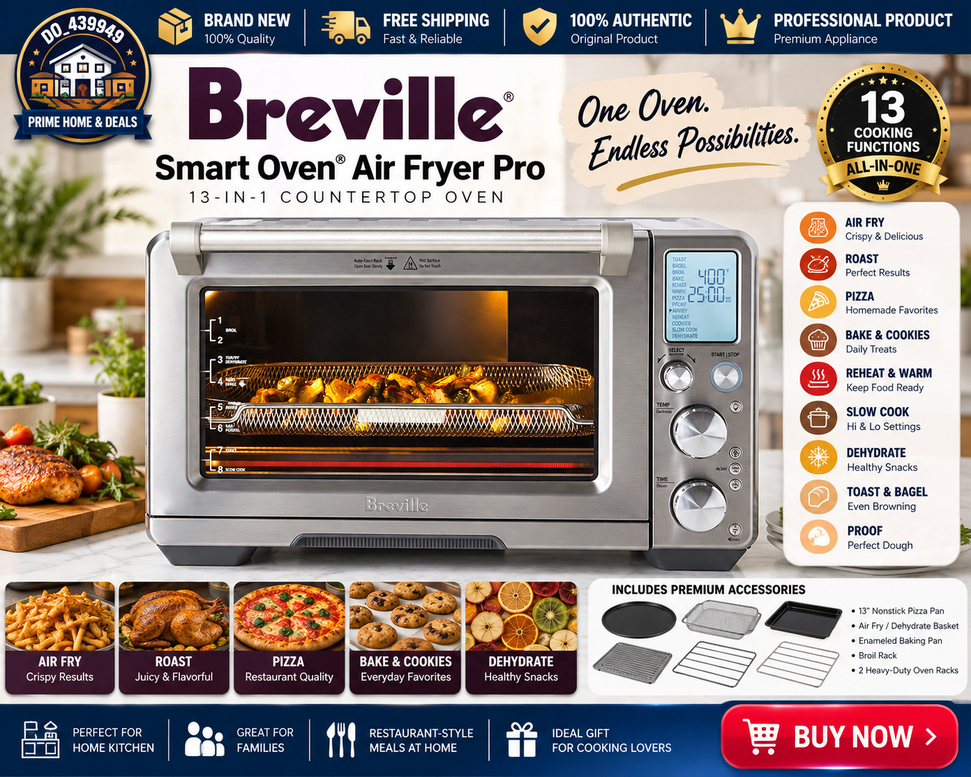 New Breville Smart Oven Air Fryer Pro BOV900BSS Stainless Steel 13-in-1 1800W