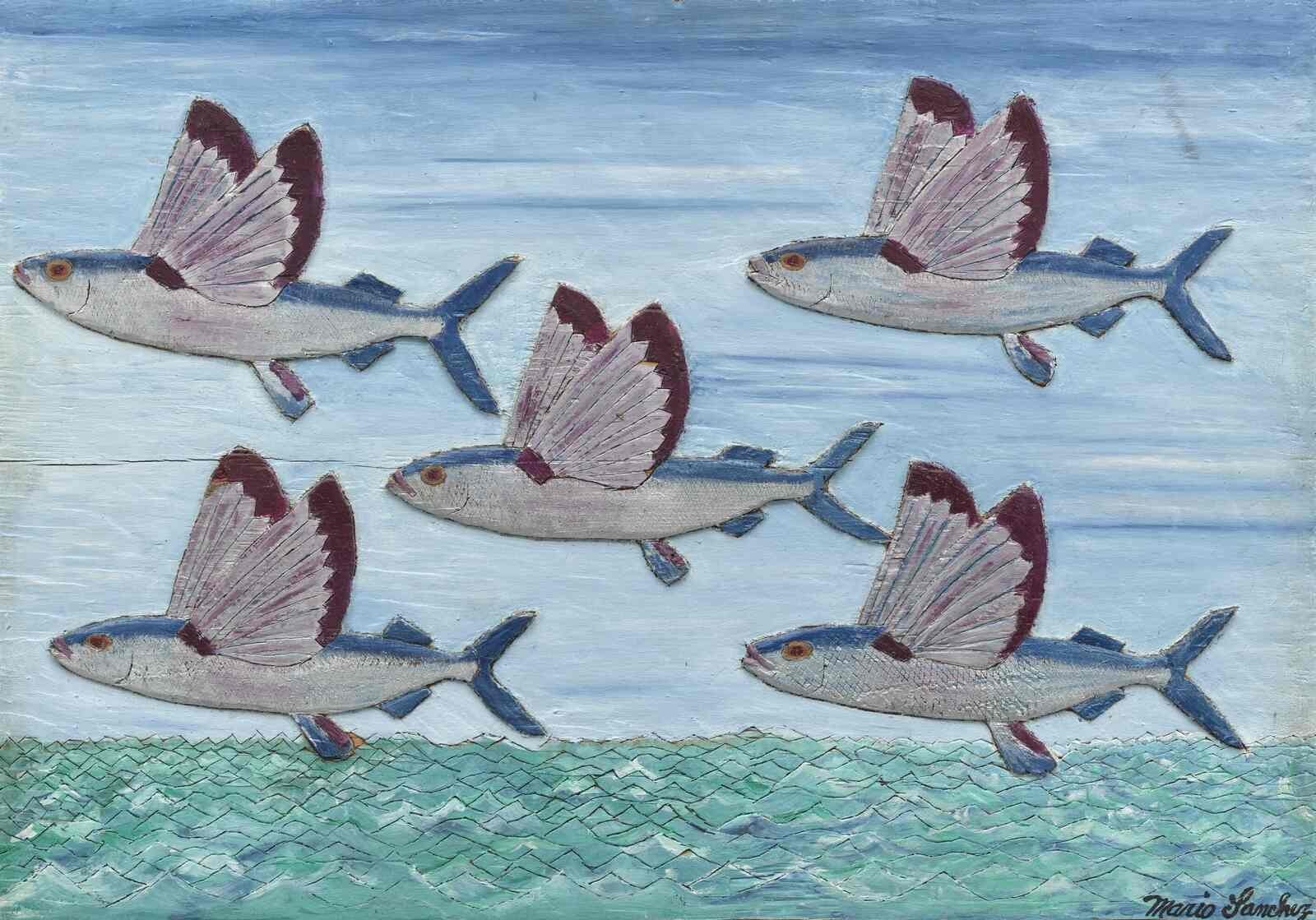 Mario Sanchez : Flying Fish : Folk Art Coastal Marine Scene Art Print