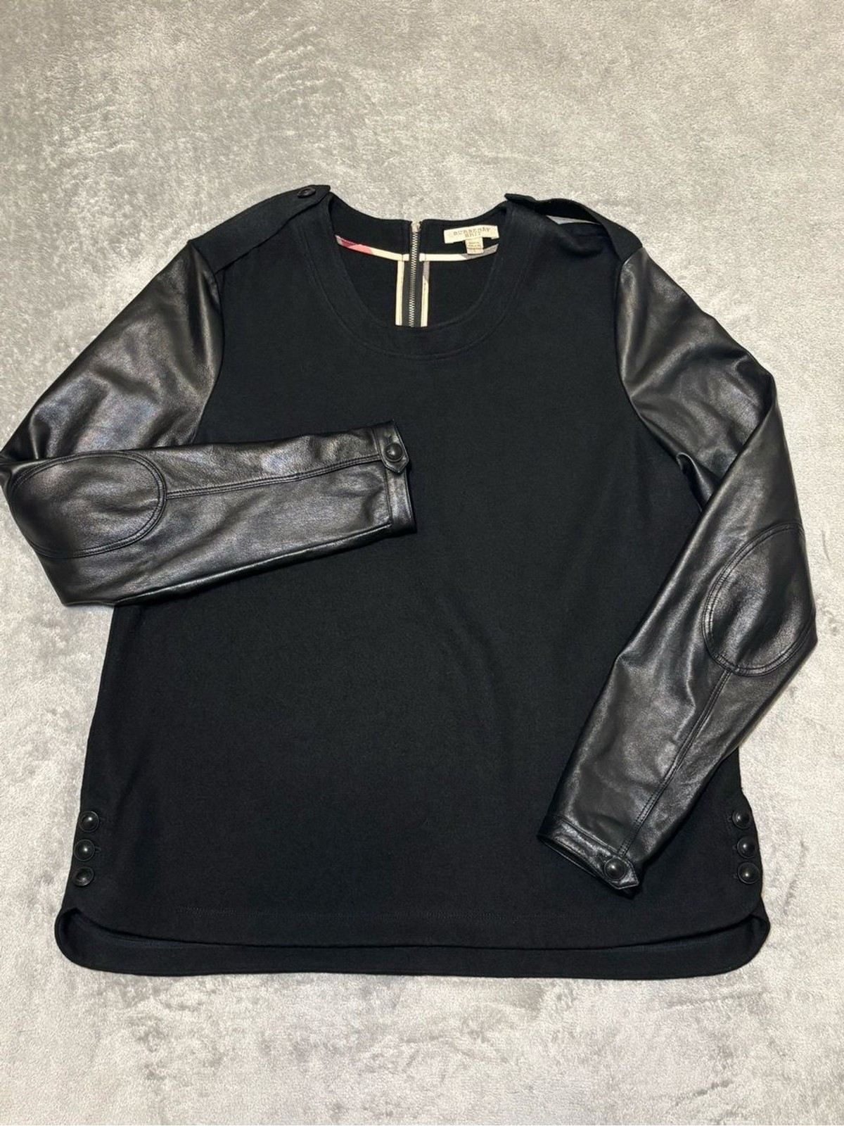 Burberry Brit Wool & Lambskin Leather Sleeve Top Black UK Large Nova Check Zip