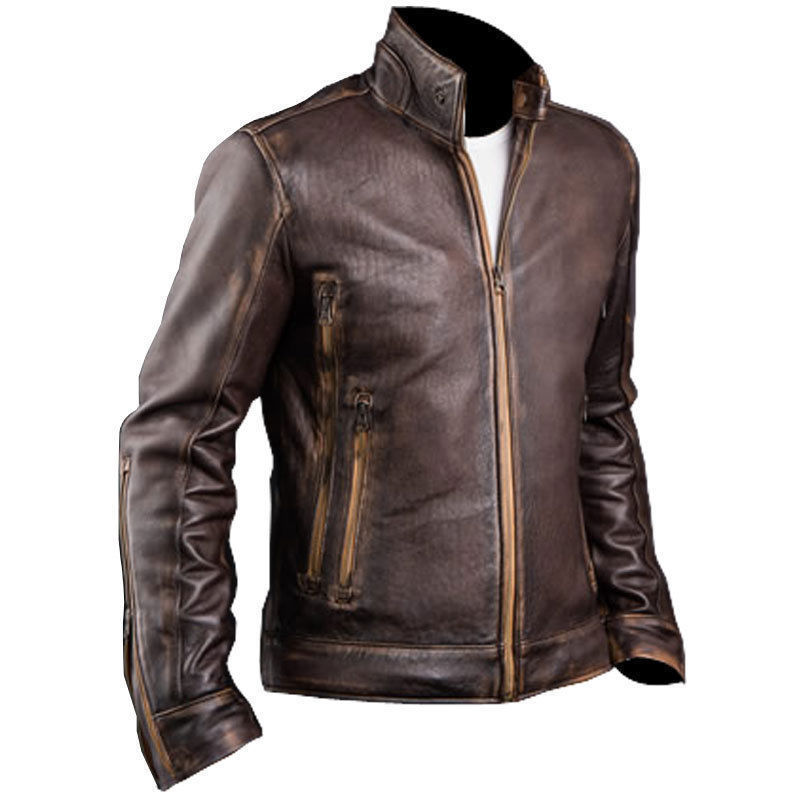 Mens Cafe Racer Stylish Biker Brown Distressed Genuine Motorcycle Leather Jacket