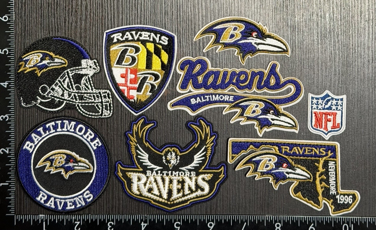 BALTIMORE RAVENS SET OF 8 NFL FOOTBALL IRON ON PATCHES SEE PHOTO/ RULER