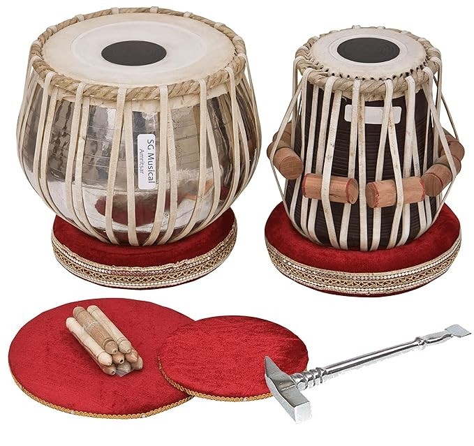 Tabla Set with Wooden Tabla Drums, Bayan, Dayan, Tabla Cushion and Hammer