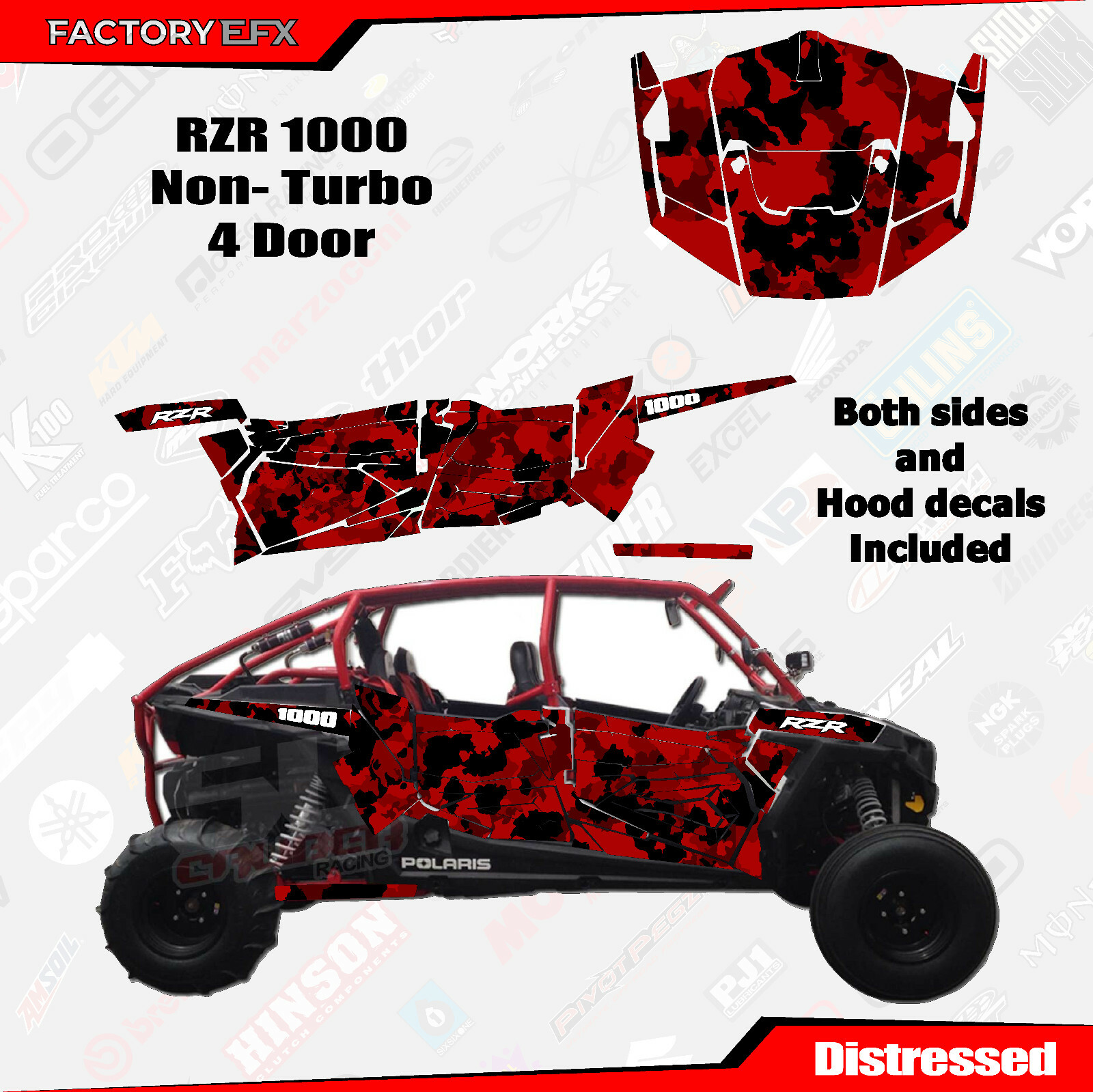 Red Distressed Camo Racing Graphics kit fits Polaris RZR 1000 4 Door 14-18
