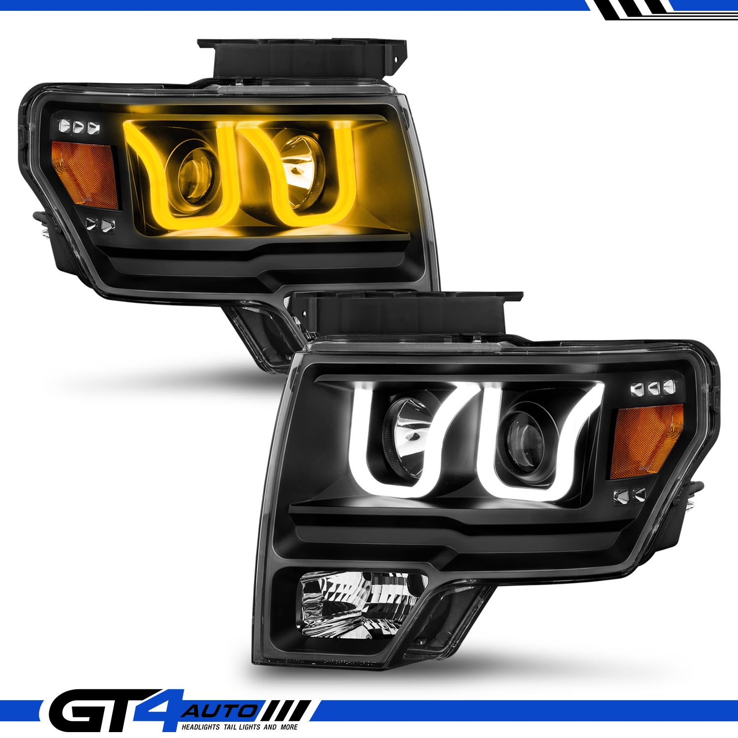 Fit 09-14 Ford F150 Truck Dual Switchback LED Bar Black Projector Headlights Set