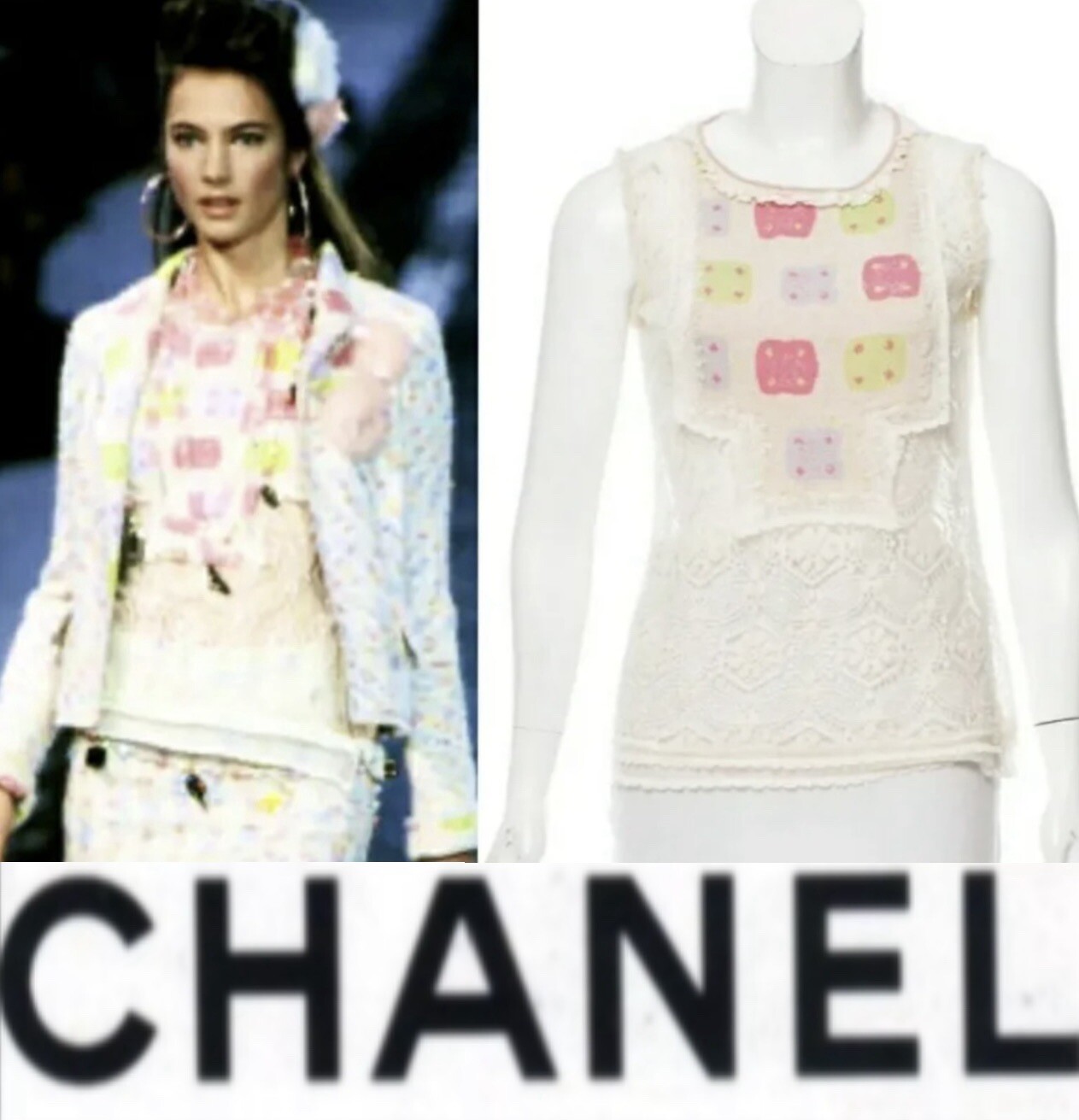 Chanel Vintage 2004 White Crochet Top 36 38 40 4 6 8 Tank Shirt CC Logo Vtg S M