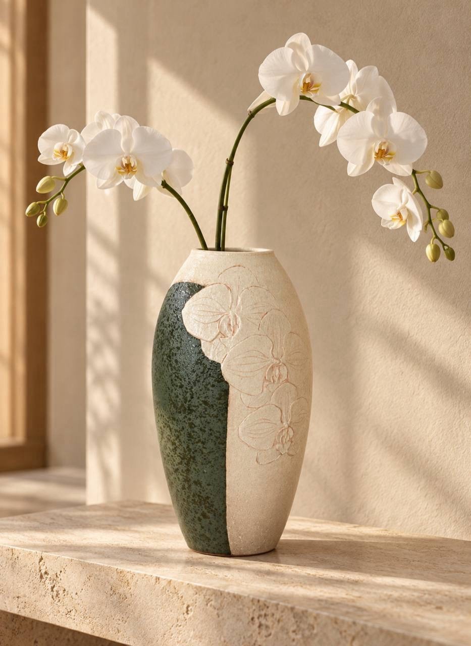 Vintage Japanese Studio Pottery Vase Carved Orchid Green Glaze Signed Wood Box