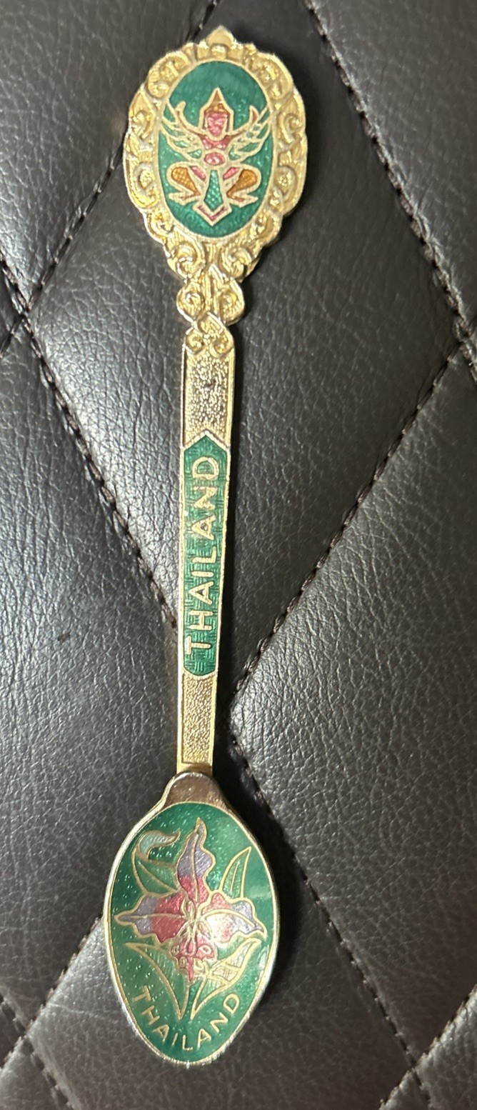 Vintage Thailand Souvenir Spoon Enameled Buddha Lotus Flower Brass Gold Tone Vintage Thailand Souvenir Spoon Enameled Buddha Lotus Flower Brass Gold Tone