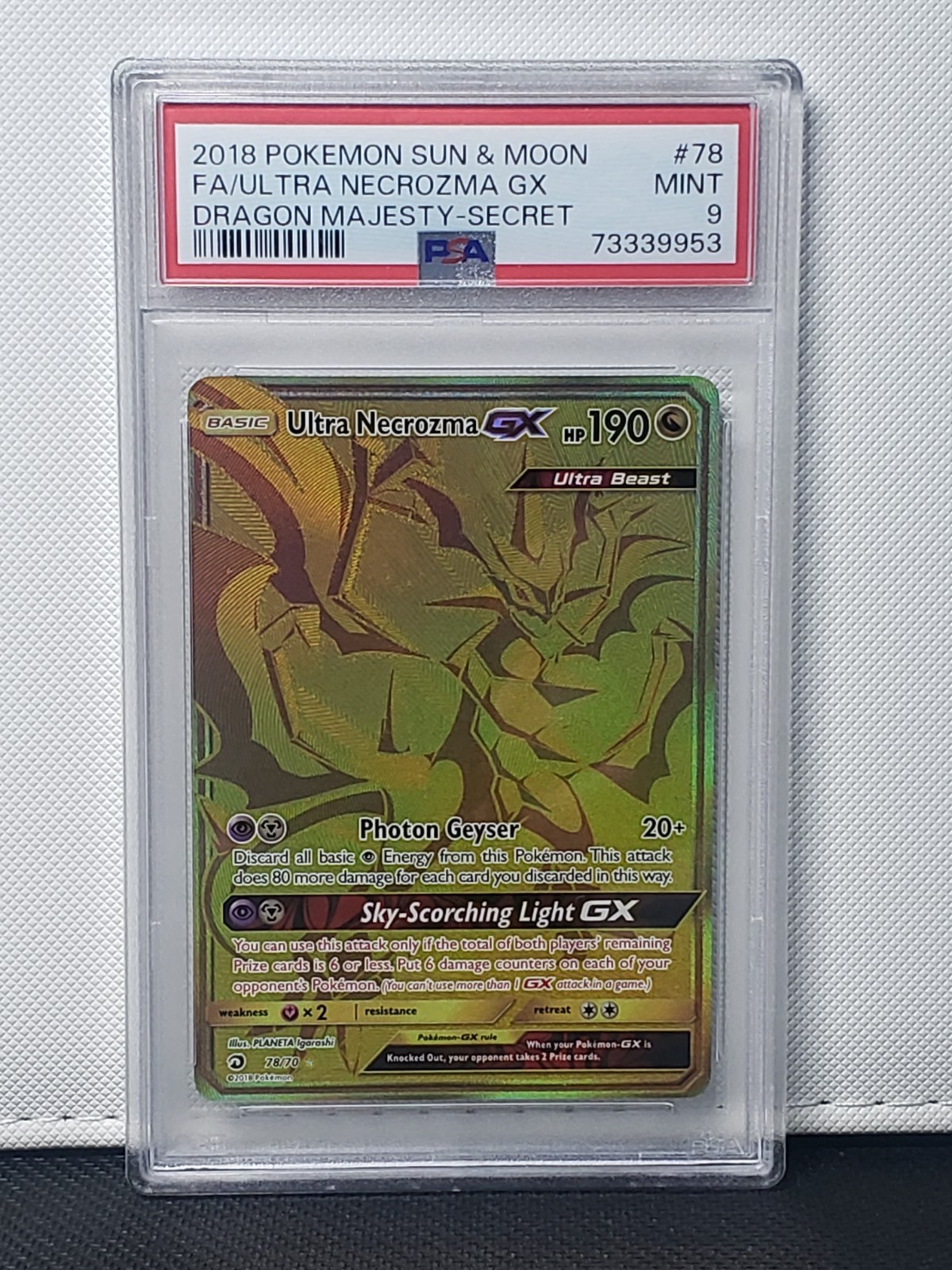 Secret Rare Ultra Necrozma GX 78/70 Sun & Moon Dragon Majesty PSA 9 MINT Pokémon Secret Rare Ultra Necrozma GX 78/70 Sun & Moon Dragon Majesty PSA 9 MINT Pokémon