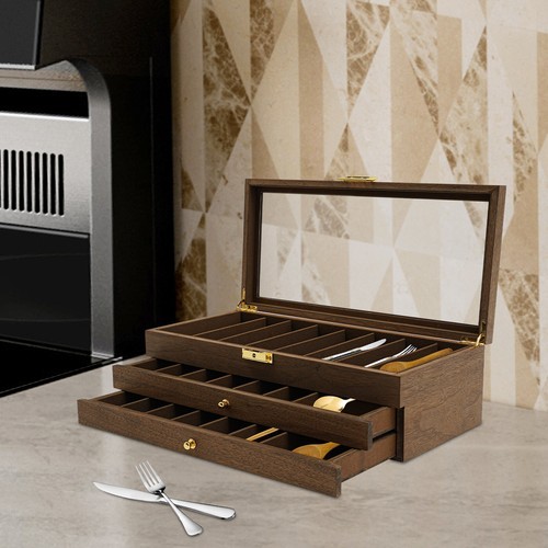 Knife Display Case Cabinet 3-Tier Walnut Color Knives Drawer Storage Holder NEW