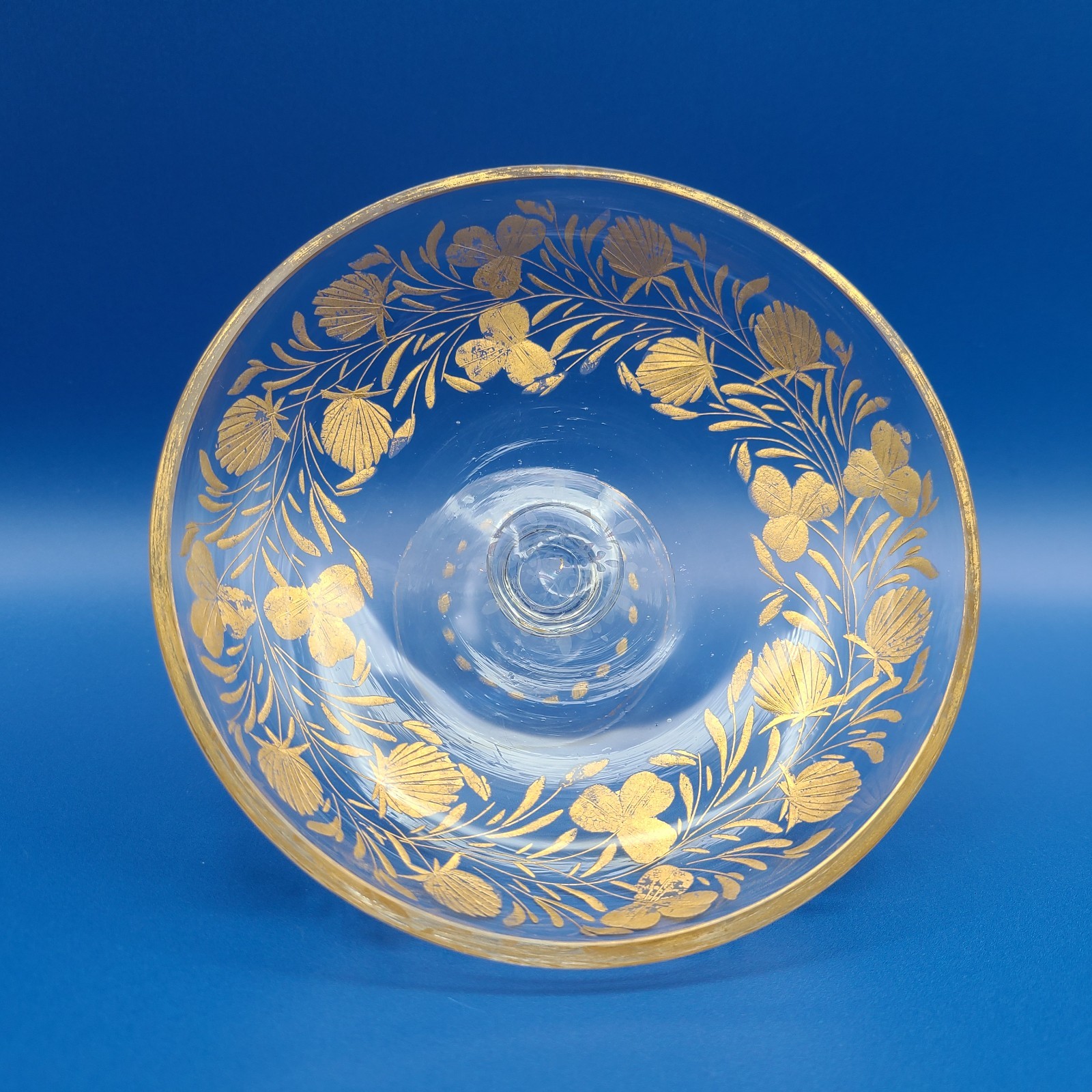 Antique Bohemian Intaglio Engraved Gold Clover Tazza Compote 5.5 Antique Bohemian Intaglio Engraved Gold Clover Tazza Compote 5.5