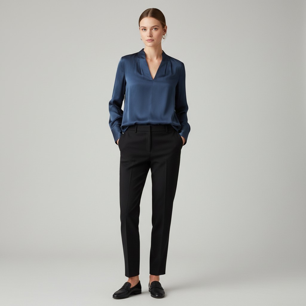 Elie Tahari 100% Silk Navy V-Neck Blouse Long Sleeve Button Cuff Women\'s M