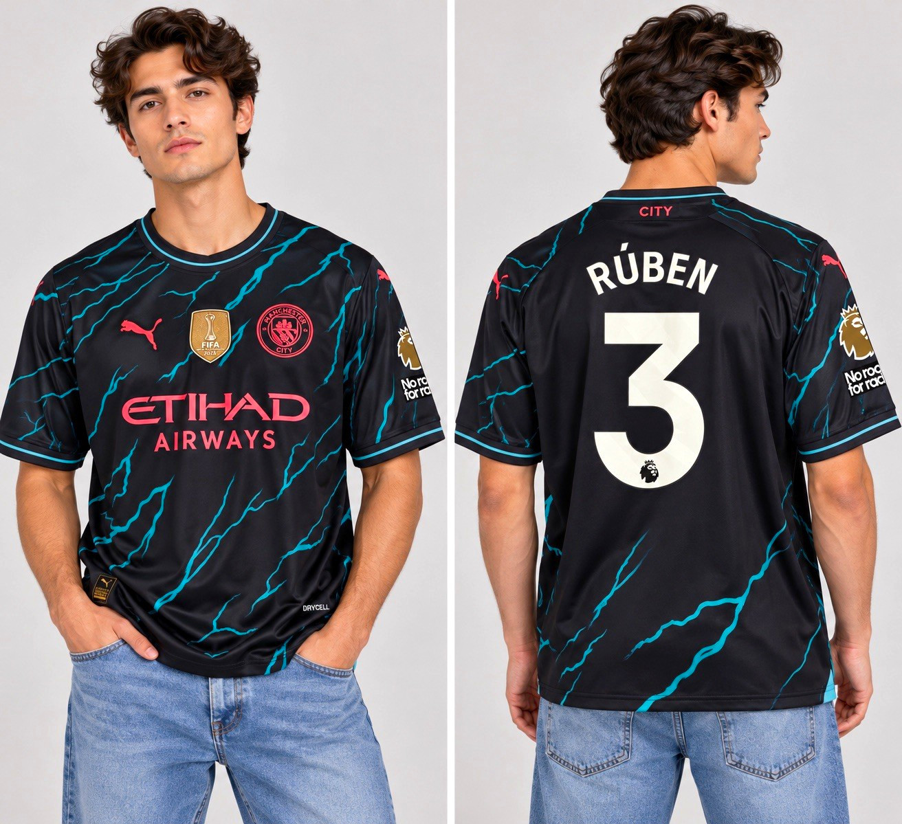 PUMA Manchester City Rúben #3 Etihad Airways Black/Blue Soccer Jersey