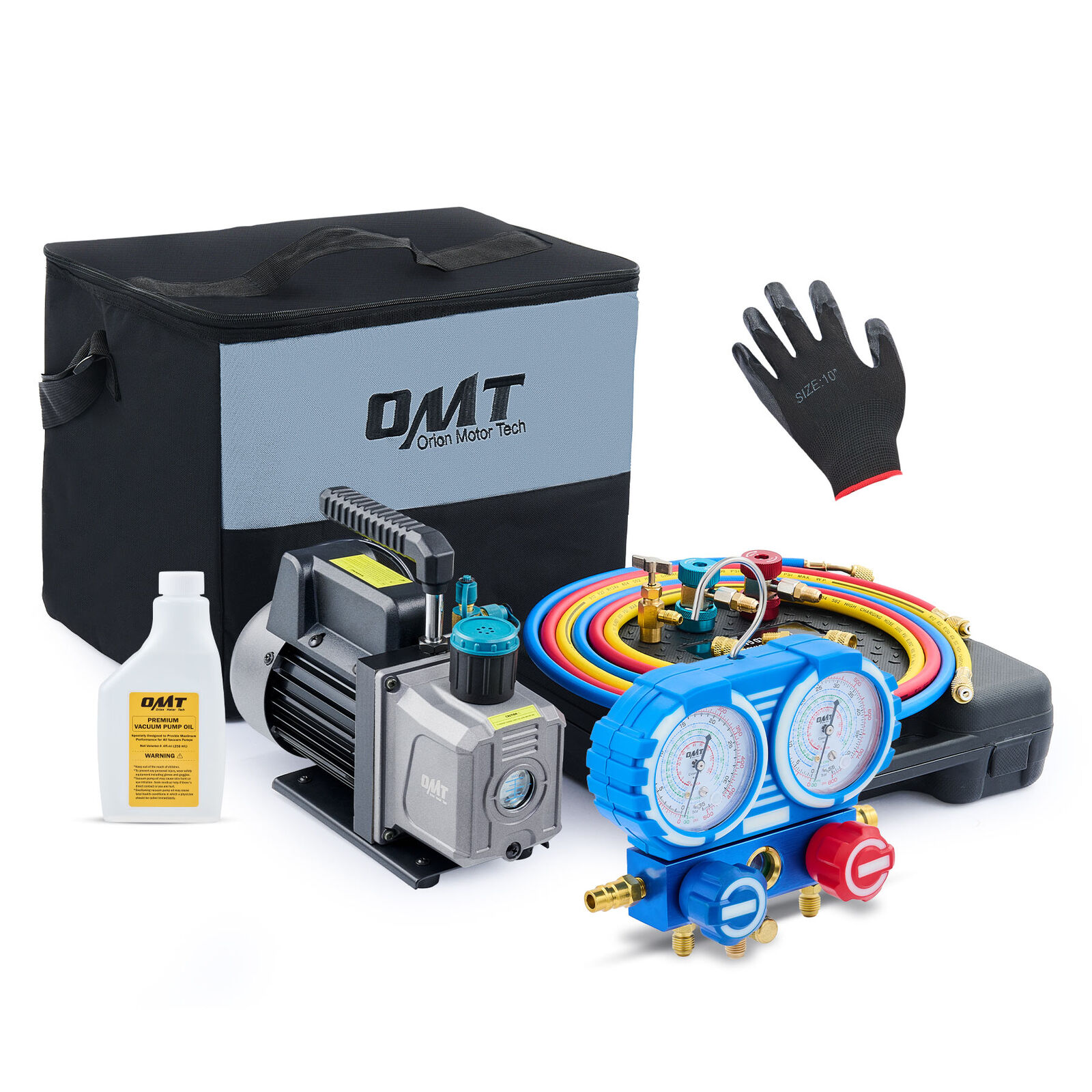 OMT Combo 3,5CFM 1/4HP Air Vacuum Pump HVAC + r134 Tap AC A/C Manifold Gauge Set